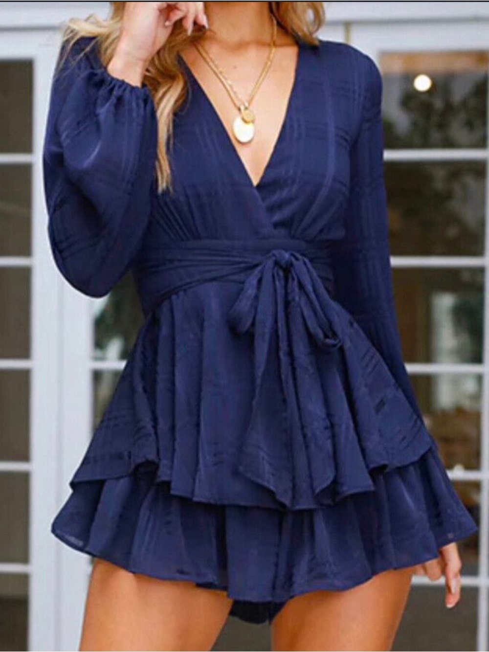 Hello Molly Navy Ruffle Tie-Waist Playsuit